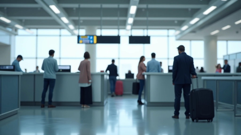 Balcão de check-in do aeroporto com agentes e passageiros com malas