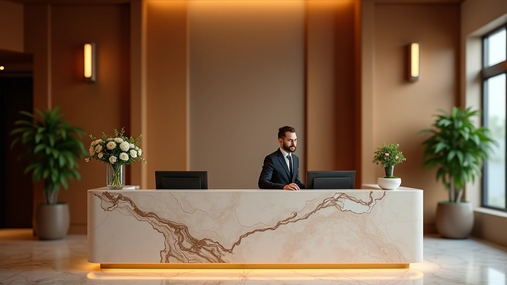 Recepção elegante de hotel com balcão de mármore e plantas decorativas