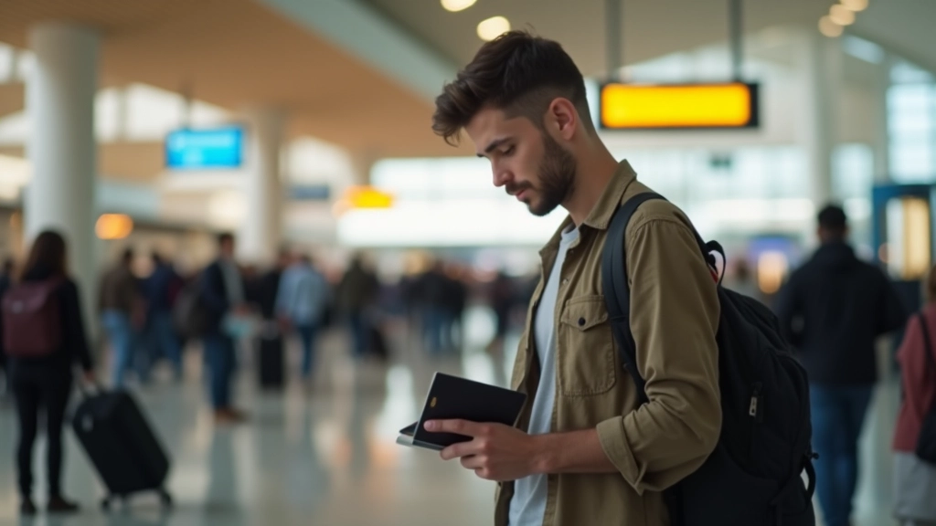 Pessoa viajando em aeroporto internacional com malas e passaporte, ambiente movimentado e colorido