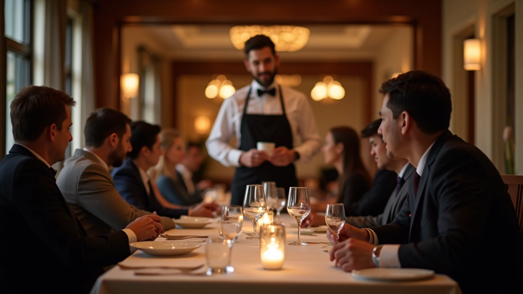Restaurante sofisticado com mesas postas, garçom e clientes desfrutando refeição